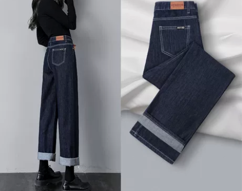 直筒加绒牛仔裤女春秋季2021年新款宽松高...