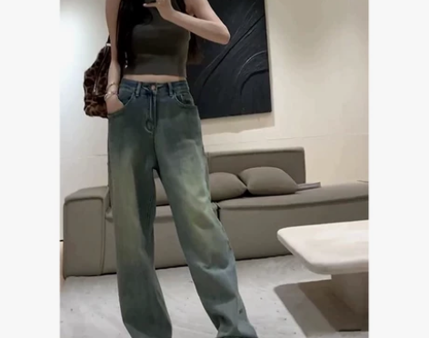 温婉同款水洗复古高腰宽松百搭阔腿拖地牛仔裤...