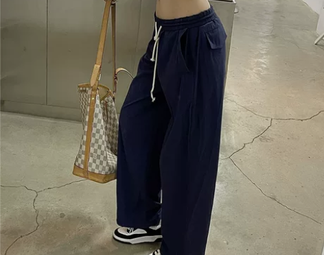 宽松百搭松紧翻边口袋mian布直筒休闲复古...