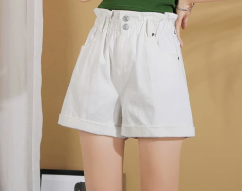 白色高腰牛仔短裤女夏季2022新款阔腿显瘦...