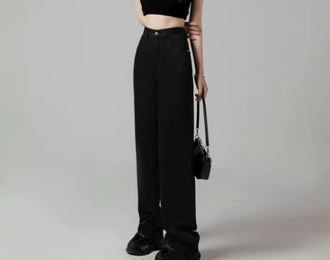 黑色天丝牛仔阔腿裤女夏季薄款高腰冰丝垂感显...