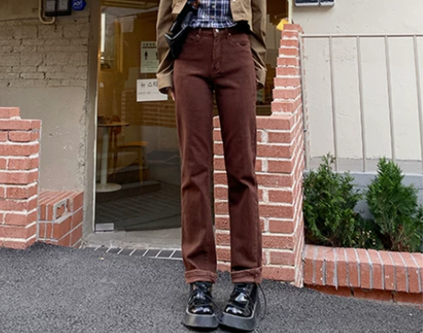 咖色直筒牛仔裤女2021秋冬新款高腰弹力美...