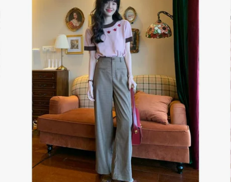 春夏新款复古港味chic格子显瘦百搭阔腿裤...