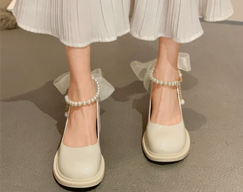 花之埠玛丽珍鞋女2022年春季新款珍珠蝴蝶...