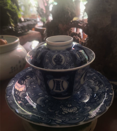 老青花盖碗  手绘青花“富”“寿”字文饰 ...