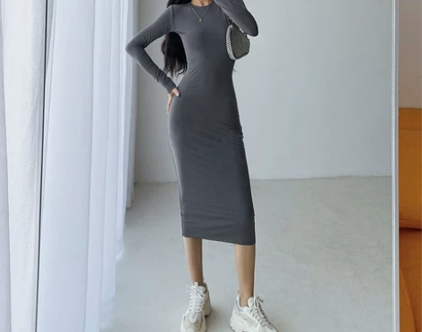 春秋法式ins长袖加厚紧身连衣裙女修身长裙...