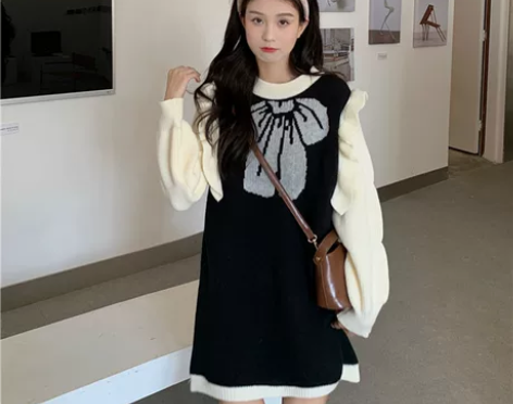 慵懒风小众百搭蝴蝶结设计感毛衣裙韩版时尚学...