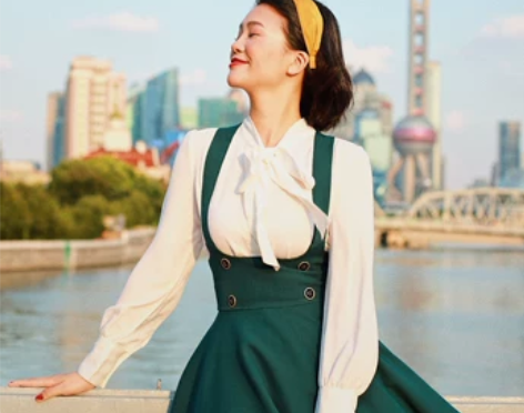原创复古背带裙墨绿色Vintage收腰大摆...