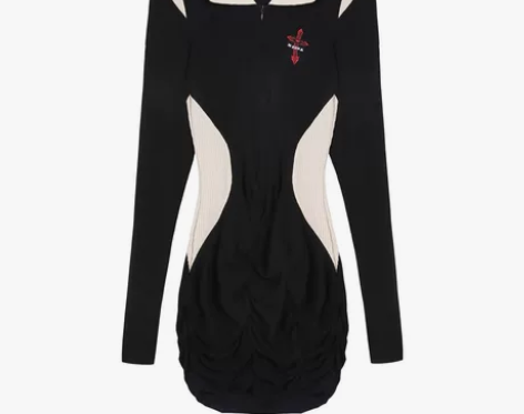 V领修身辣妹包臀裙长袖黑色针织连衣裙女 感...