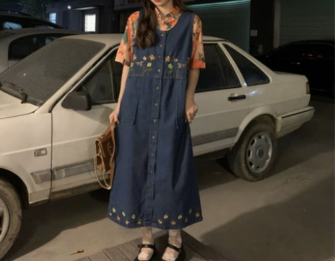 2022年夏季新款刺绣牛仔背带裙大码胖妹妹...