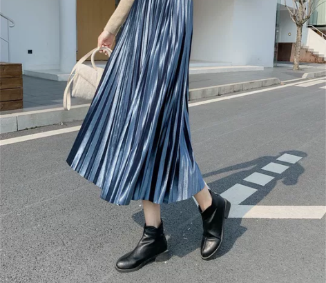 对白金丝绒百褶裙女秋冬季 中长款高腰显瘦高...