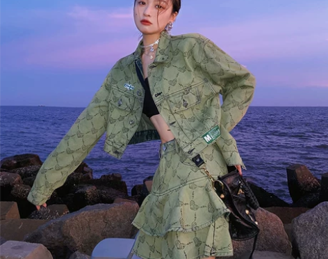 MAMC满印桃心提花牛仔套装两件套甜酷辣妹...