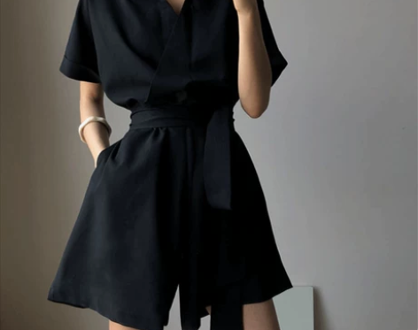 工装黑色连体裤女连衣裤时尚套装新款短裤宽松...