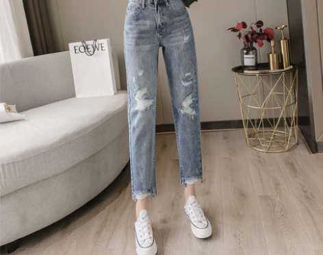 破洞九分牛仔裤子女2022春秋夏新款高腰宽...