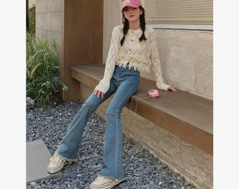 崛起的小个子法式高腰微喇高弹力牛仔裤女超弹...