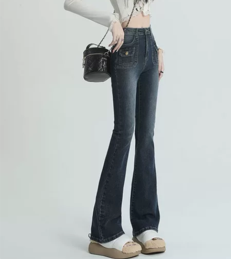 小众复古蓝微喇叭牛仔裤秋冬季新口袋高腰弹力...