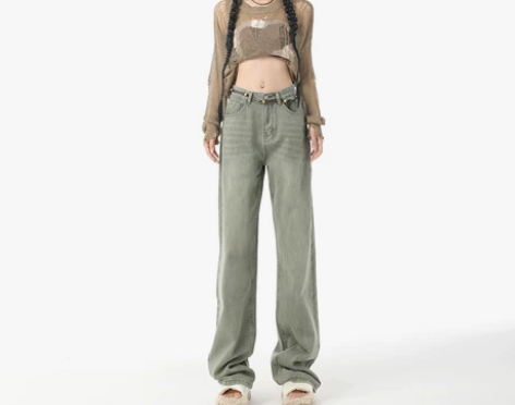 哲娜纯美式高街牛仔裤女复古高腰设计感新款休...