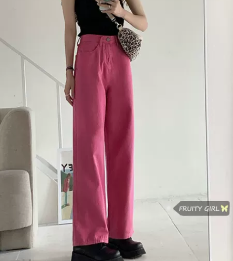 FRUITY又白腿又长~玫红色直筒牛仔裤女...