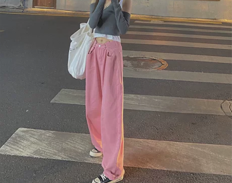 粉色阔腿牛仔裤女2022年春季新款高腰宽松...