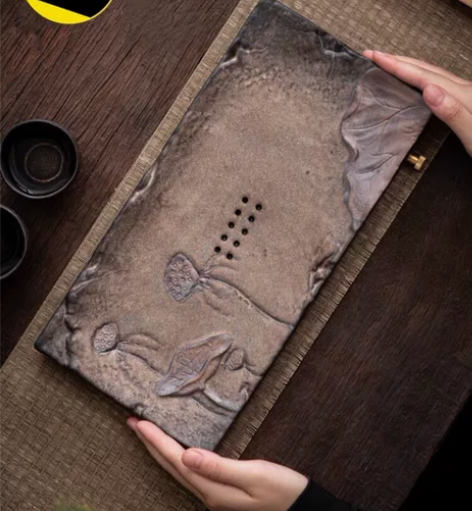 粗陶鎏金干泡茶盘莲说干泡盘储水茶台壶承复古...