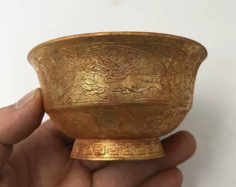 古玩古董乡下老物件收藏鎏金大唐贞观年造刻花...