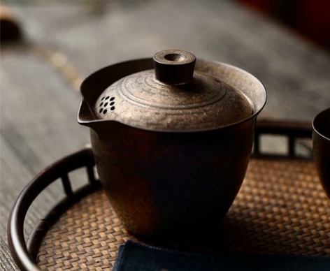 鎏金手抓盖碗功夫茶具泡茶铁锈釉粗陶手抓壶单...