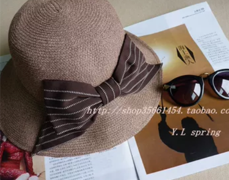 复古优雅条纹大蝴蝶结竹纤维草帽 … 不议价...
