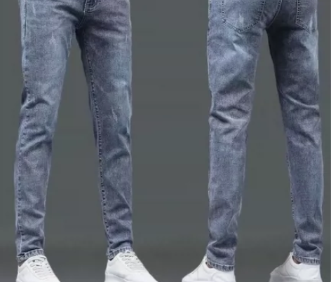 春秋季新款牛仔裤男士修身小脚韩版潮牌浅色百...