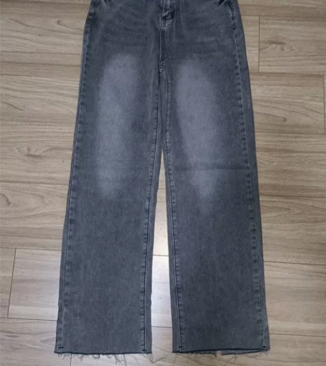 烟灰色毛边软牛仔直筒牛仔裤后开叉 腰围66...