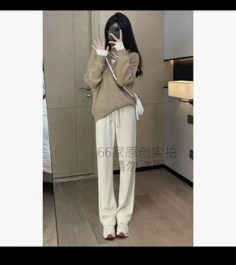 雪尼尔高腰阔腿裤 直筒休闲运动裤 加绒 全...