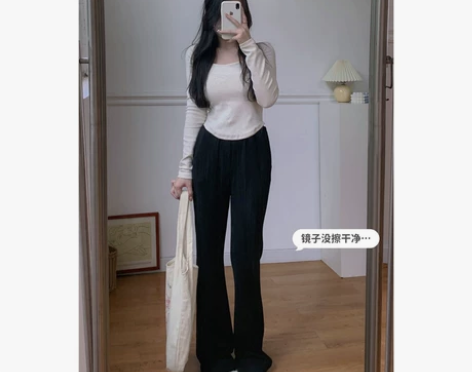 城南边儿9.6微喇叭长裤女休闲裤黑色阔腿裤...