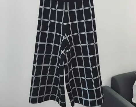 DIN韩国秋装针织黑白格子阔腿裤 宽松显瘦...