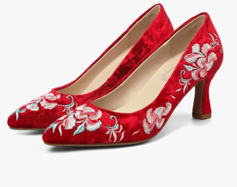 天赐绣复古中式秀禾服绣花新娘结婚鞋女尖头细...