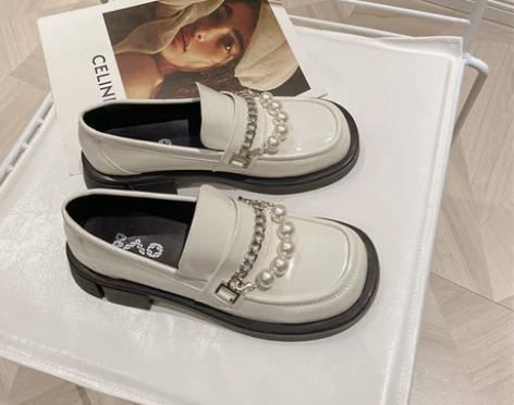 单鞋2021年新款漆皮珍珠乐福鞋女夏一脚蹬...