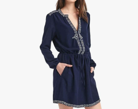 Gap女装 柔软舒适刺绣半开领连衣裙民族风...