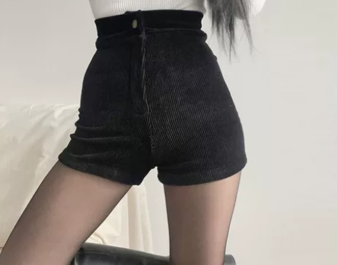 黑色高腰短裤女2021秋季新款紧身弹力灯芯绒三分休闲裤外穿靴...