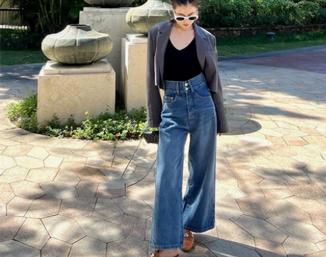 cml 复古回溯 阔腿牛仔裤高腰直筒裤女显...