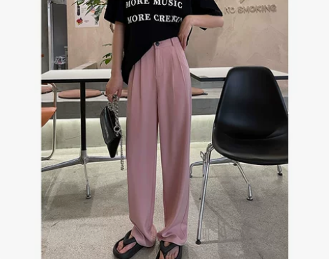 粉色西装裤女夏季薄款垂感高腰质感直筒拖地宽...