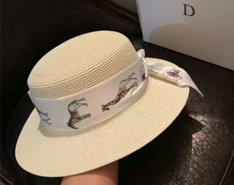 19春夏新款白色网红同款丝带名媛风平顶帽子...