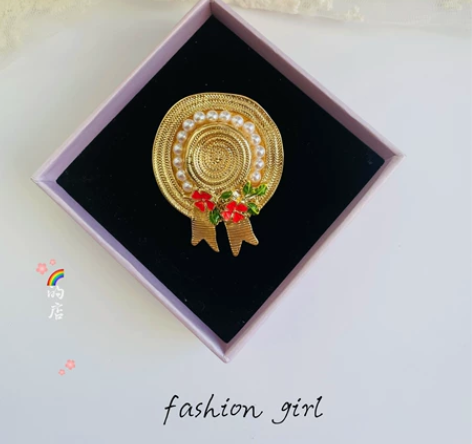 欧美复古珐琅花朵珍珠文艺范草帽帽子胸针 全...