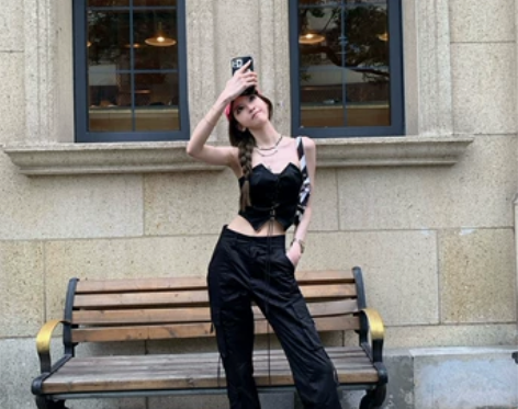 F PROJECT 黑色多口袋阔腿裤女宽松...