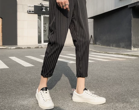 ?夏季休闲裤男韩版潮流条纹直筒九分裤子修身...