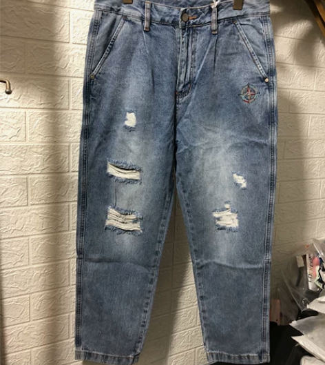 全新精品男士9分牛仔裤纯棉面料做旧水洗破洞...