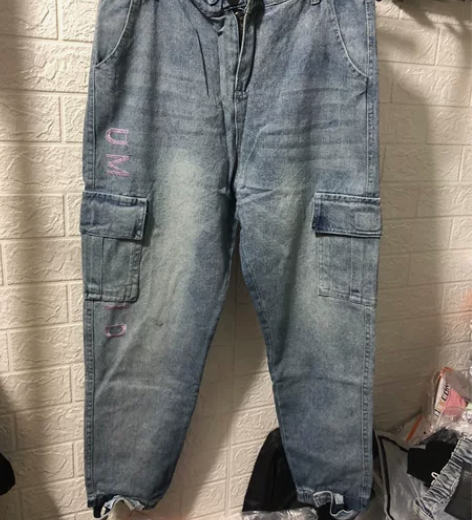 全新浅蓝色做旧款男士干活穿裤子9分工装牛仔...