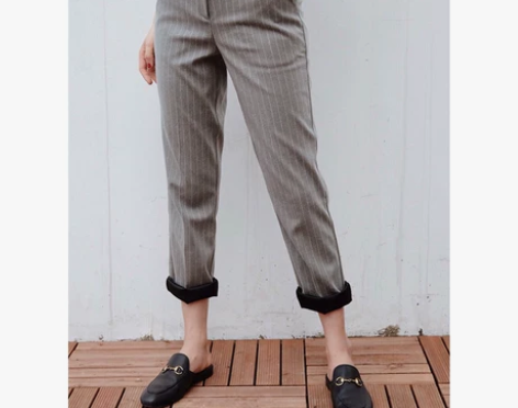 DMON法式复古风显瘦条纹毛呢好版型高腰西...