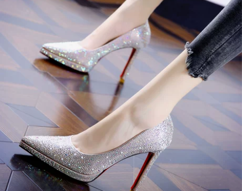 防水台单鞋 防水台水钻尖头超高跟鞋2022...