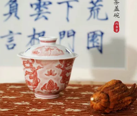 沈国镇拓片莲花决岩茶盖碗 底款：兆云文器简...