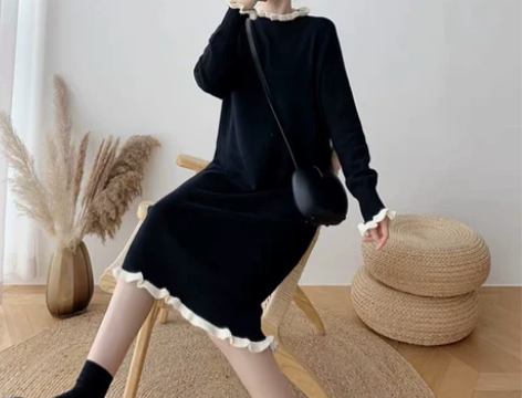 2022年新款法式高级感长裙黑色打底内搭毛...