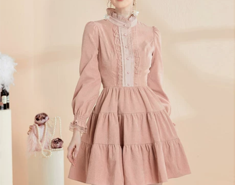 艾丽丝灯芯绒连衣裙女2021春秋新款名媛气...