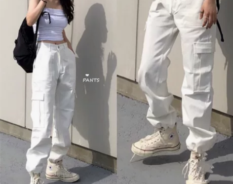 新款鬼马少女风chic复古中性白色长裤帅气...